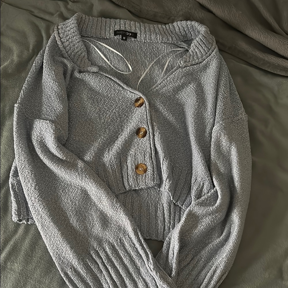 Gray/Blue Button-Up Cropped Sweater